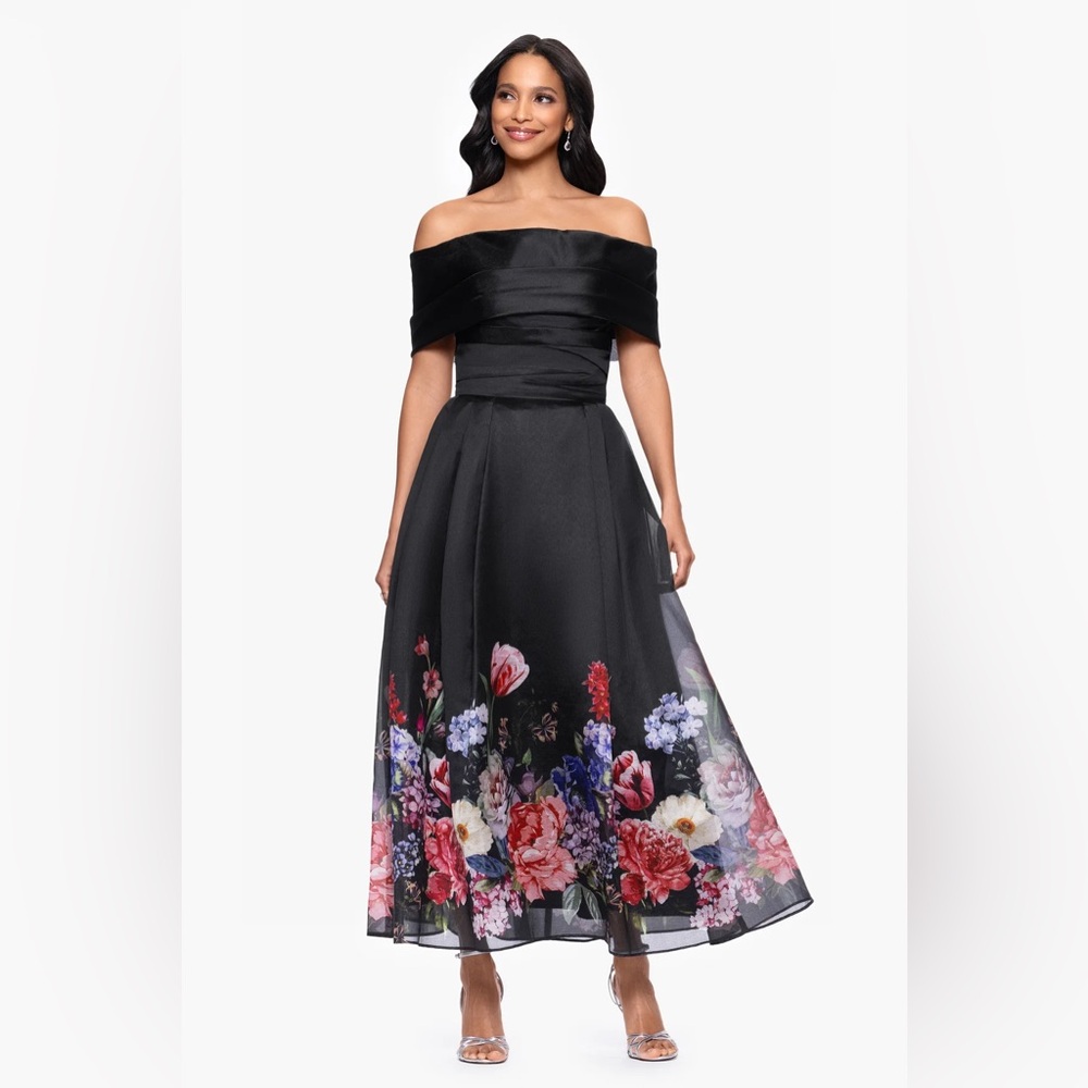 New Betsy And Adam "Tabitha" Organza Print Off The Shoulder Midi Dress